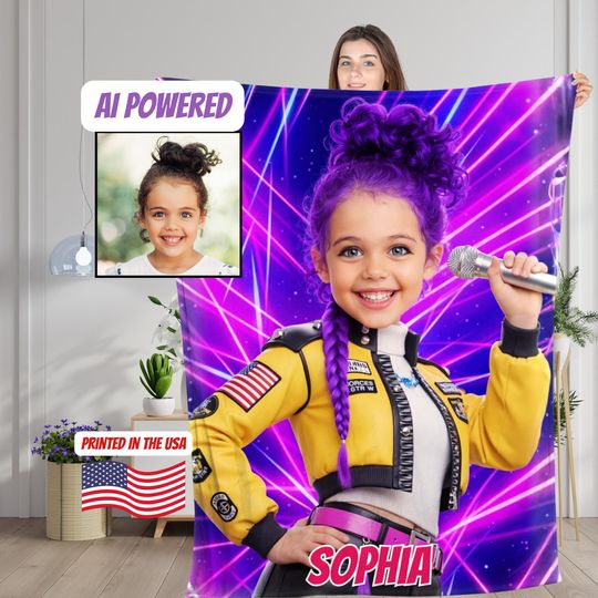 Personalized Kpop Hunter Blanket with Childs Face & Name, Anime Style Girl Gift