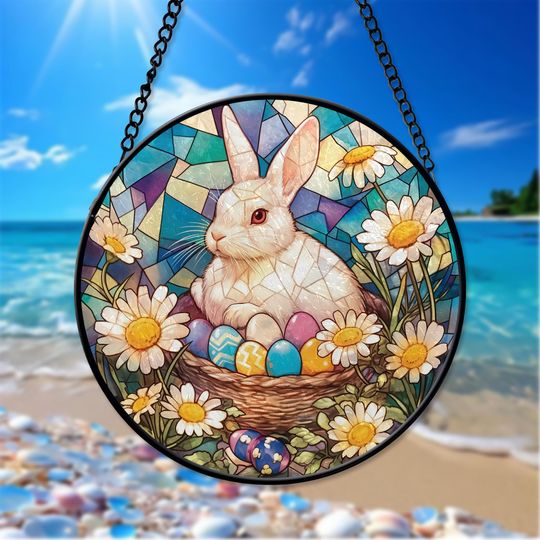 Easter Bunny Eggs Suncatcher, Stained Glass Easter Decor