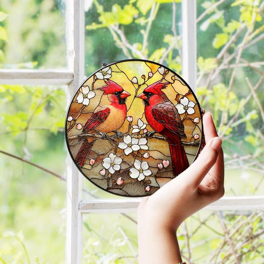 Red Cardinal Stained Glass Suncatcher, Cardinal Bird Lover Gift