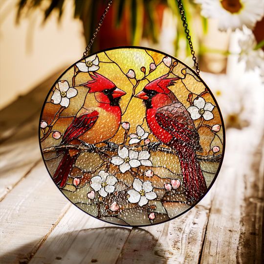 Red Cardinal Stained Glass Suncatcher, Cardinal Bird Lover Gift