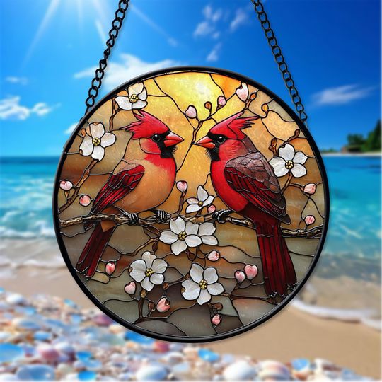 Red Cardinal Stained Glass Suncatcher, Cardinal Bird Lover Gift