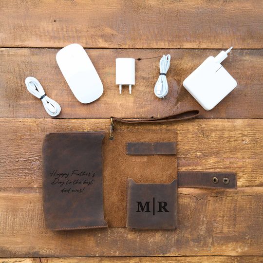 Custom Engraved Leather Charger Bag - Personalized Travel Cord Organizer for Valentines Day or Anniversary