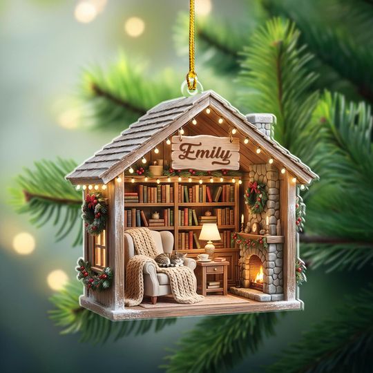 Personalized Reading Nook Acrylic Ornament, Book Lover Gift, Custom Name Library Decor, Christmas Reader Keepsake