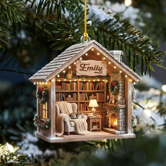 Personalized Reading Nook Acrylic Ornament, Book Lover Gift, Custom Name Library Decor, Christmas Reader Keepsake