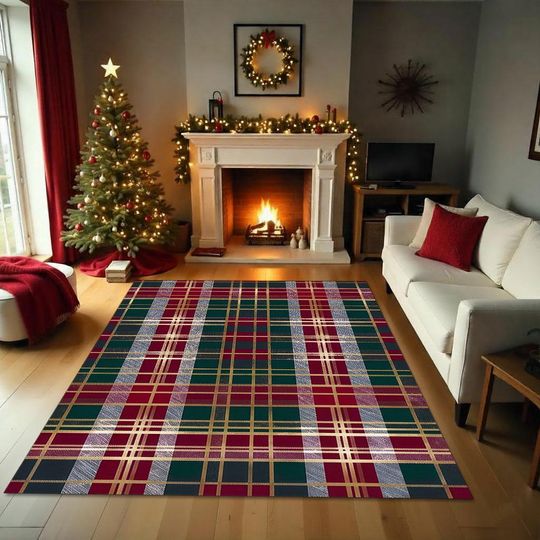 Red Green Plaid Christmas Rug, Washable Tartan Holiday Carpet, Festive Winter Area Mat, Seasonal Living Room Dcor, Cozy Xmas Checkered Rug