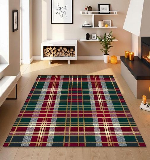 Red Green Plaid Christmas Rug, Washable Tartan Holiday Carpet, Festive Winter Area Mat, Seasonal Living Room Dcor, Cozy Xmas Checkered Rug