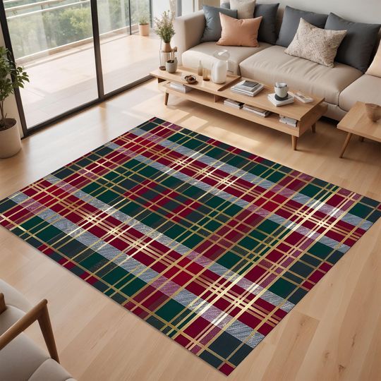 Red Green Plaid Christmas Rug, Washable Tartan Holiday Carpet, Festive Winter Area Mat, Seasonal Living Room Dcor, Cozy Xmas Checkered Rug