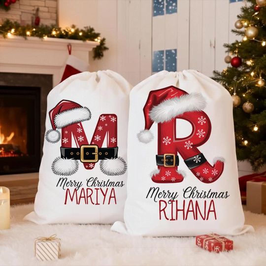 Personalized Christmas Santa Sack Large Gift Bag Custom Name Initial Present Bag