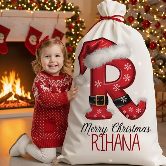 Personalized Christmas Santa Sack Large Gift Bag Custom Name Initial Present Bag