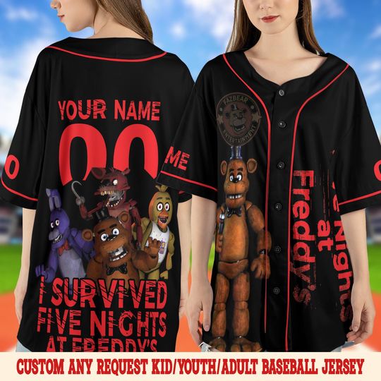 Five Nights at Freddy's Baseball Jersey, FNAF Birthday Shirt, Spooky Gift for Kids, Custom FNAF Jersey