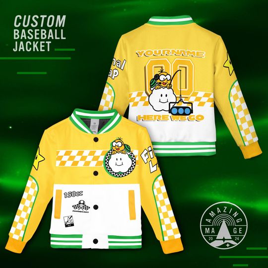 Custom Lakitu Mario Kart Baseball Jacket, Super Mario Jacket, Mario Birthday Boy Shirt, Yoshi Bowser Peach Donkey Kong Birthday Jacket Gift