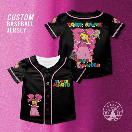 Custom Mario Peaches Happy Halloween Baseball Jersey, Princess Peach Mario Halloween Jersey Shirt, Mario Nintendo Halloween Gift Shirt