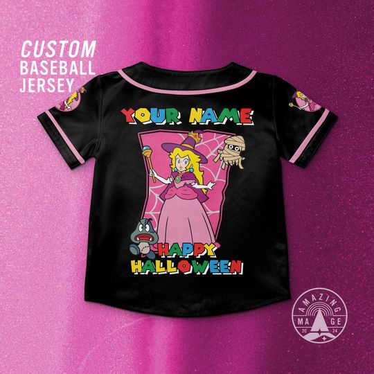 Custom Mario Peaches Happy Halloween Baseball Jersey, Princess Peach Mario Halloween Jersey Shirt, Mario Nintendo Halloween Gift Shirt