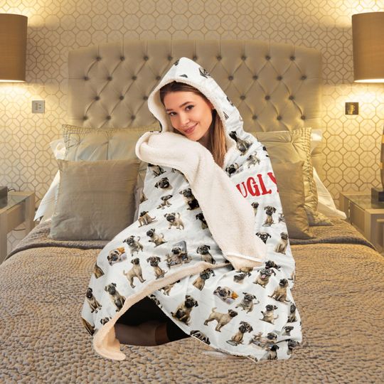 Pug Hooded Blanket All-Over Print Micro-Mink Shaggy Lining