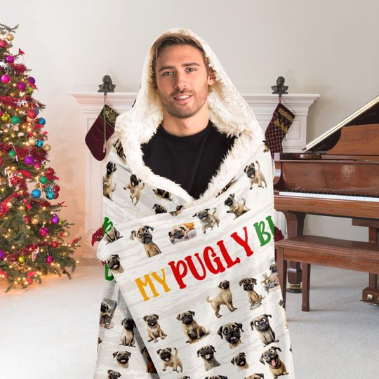 Pug Hooded Blanket All-Over Print Micro-Mink Shaggy Lining