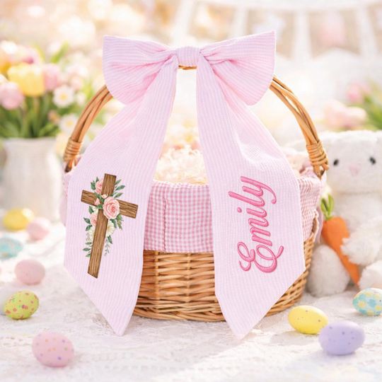 Personalized Easter Basket Bow Seersucker  , Monogrammed Bunny Design, Easter Basket Decoration, Easter Gift, Spring Bunny Accessory