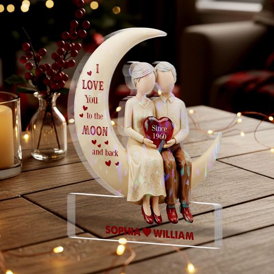 Personalized Couple Moon Hologram Acrylic Block, Custom Names & Anniversary Gift Plaque, Romantic I Love You to the Moon and Back Decor