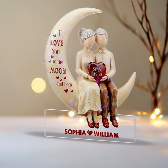 Personalized Couple Moon Hologram Acrylic Block, Custom Names & Anniversary Gift Plaque, Romantic I Love You to the Moon and Back Decor