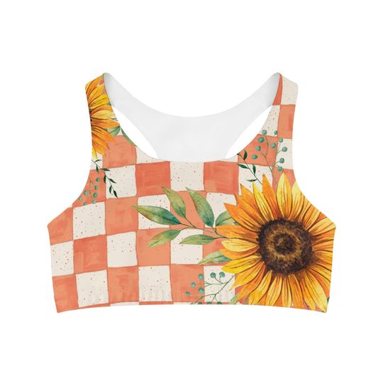 Sunflower Checkered Sports Bra: Women's Medium Support Workout Top
