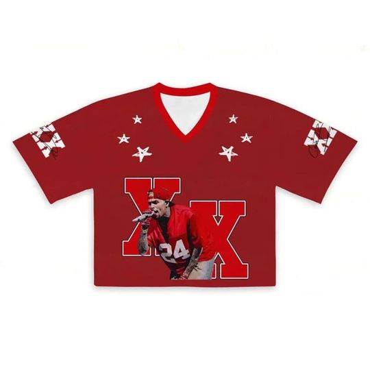 Chris Brown Red Crop Top Jersey Breezy Bowl Stadium World Tour Mesh Shirt, Womens Concert Outfit, Rave Festival Top