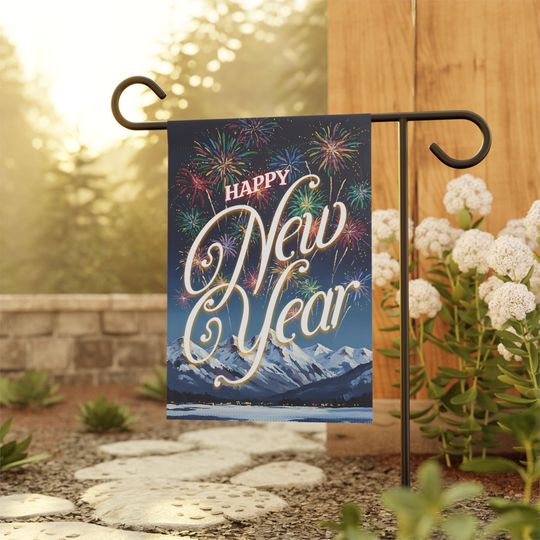 Happy New Year Fireworks Mountain Scene Garden Flag