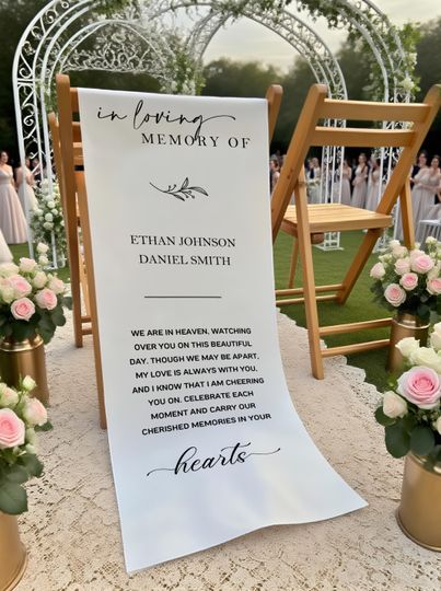 Loving Memory Chair Banner, Silk or Cotton Fabric Wedding Sign, Remembrance Ceremony Decor