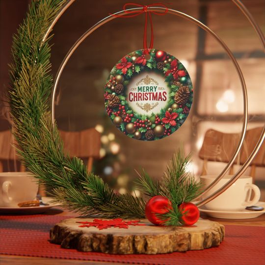 Merry Christmas Wreath Metal Ornament, Holiday Tree Decoration