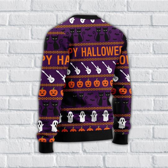 Happy Halloween Guitar Ugly Sweater, Fun Spooky Cats, Pumpkins And Ghosts Knit, Fun, Festive & Perfect for Halloween Cheer.