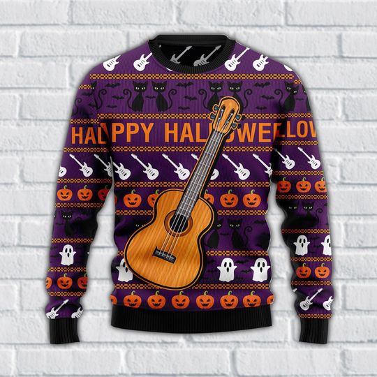 Happy Halloween Guitar Ugly Sweater, Fun Spooky Cats, Pumpkins And Ghosts Knit, Fun, Festive & Perfect for Halloween Cheer.