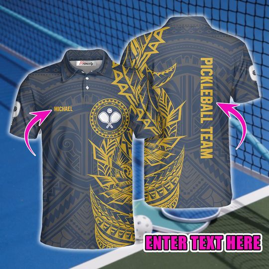 Custom Pickleball Polo Shirt, Blue & Yellow Tribal Design with Personalized Name And Team
