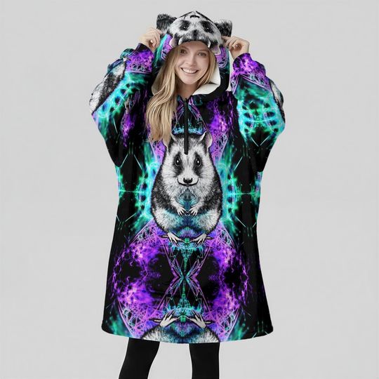 Opossum Fractal Psychedelic Rorshach Festival Rave Cat ear Fleece Blanket Hoodie