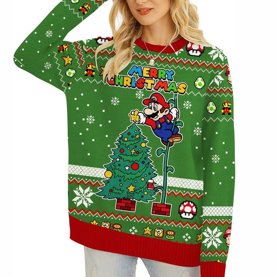 Super Mario Merry Christmas Sweatshirt, Mario Christmas Tree Ugly Sweater