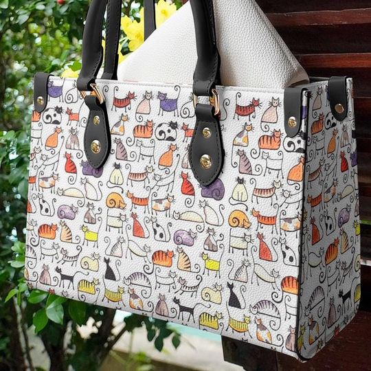 Traditional Cat Pattern Leather Bag Kitty Handle Bag Handmade Pet Bag For Cat Mom Cat Lover On Christmas Birthday Kitty Shopping Bags