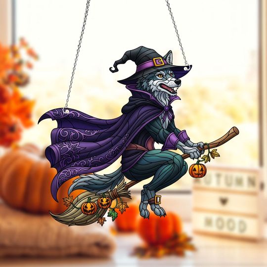 Halloween Wolf Acrylic Window Hanging, Halloween Home Decor, Halloween Ornament, Gift for Her, Home Decoration