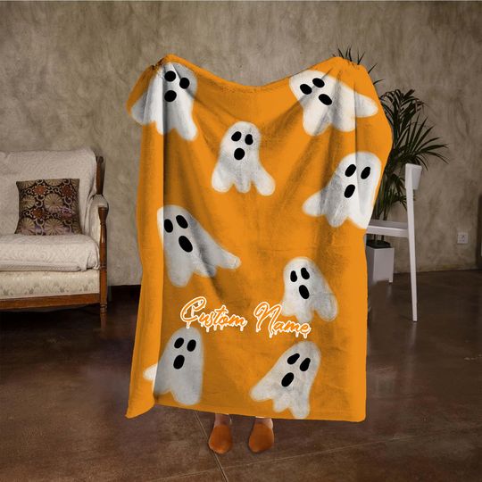 Custom Name Ghost Blanket, Retro Halloween Throw Blanket, Personalized Orange Blanket, Vintage Halloween Decor, Unique Gifts.