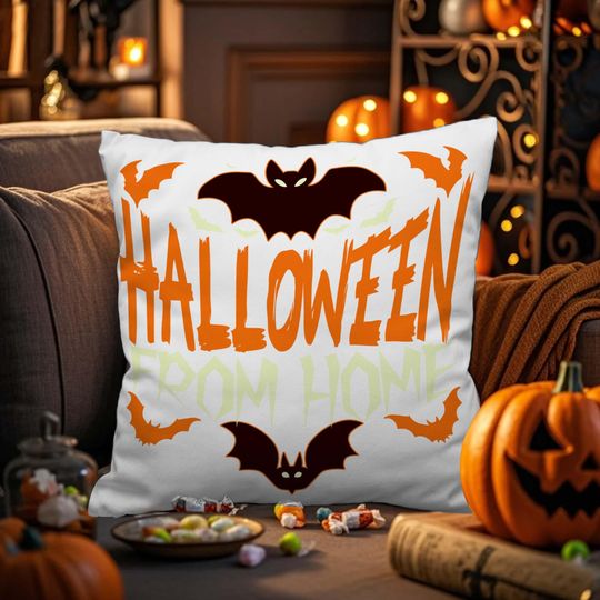 Personalized Halloween Throw Pillow Cover, Halloween From Home Spooky Night Bat, Custom Pillowcases for Sofa Bedroom, Halloween Pillow Gift.