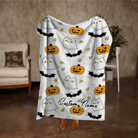 Personalized Pumpkin & Ghost Halloween Fleece Blanket, Fall Decor, Housewarming Gift