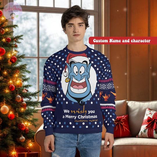 Personalized Disney The Genie Ugly Christmas Sweater, Custom Name Disney Aladdin Family Xmas Sweatshirt 2025, Disney Christmas Gift For Kids