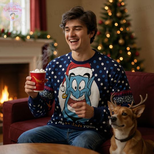 Personalized Disney The Genie Ugly Christmas Sweater, Custom Name Disney Aladdin Family Xmas Sweatshirt 2025, Disney Christmas Gift For Kids