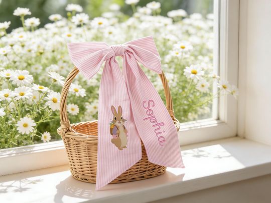 Personalized Easter Basket Bow for Kids, Seersucker Bunny Name Basket Decor