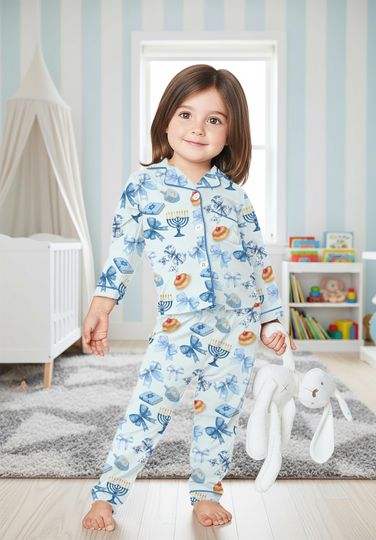 Coquette Hanukkah Silky Pajama Set For Family, Blue Menorah PJs, Jewish Holiday Sleepwear, Dreidel Christmas PJs, Cozy Hanukkah Gift