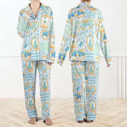 White Christmas Sisters Pajama Set for Women and Kids, Blue Vintage Matching Sleepwear for Women