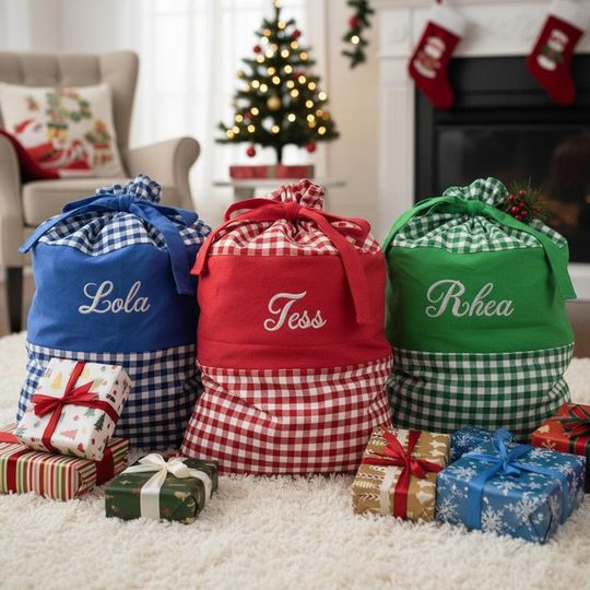 Personalized Plaid Santa Sack | Embroidered Cotton Christmas Gift Bag