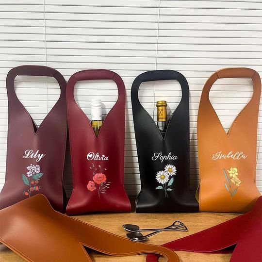 Leather Bottle Case,Flower Wine Bag,Leather Wine Bag,Wine Bag for dad,Wine Tote Bag,Wine Gift Bag,Birth Flower Gift
