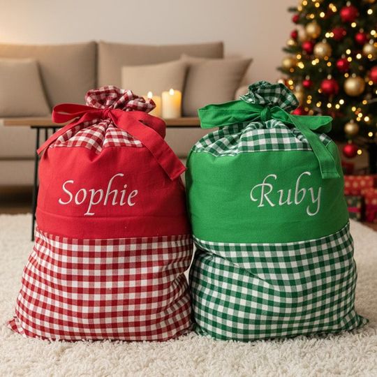 Personalized Plaid Santa Sack | Embroidered Cotton Christmas Gift Bag