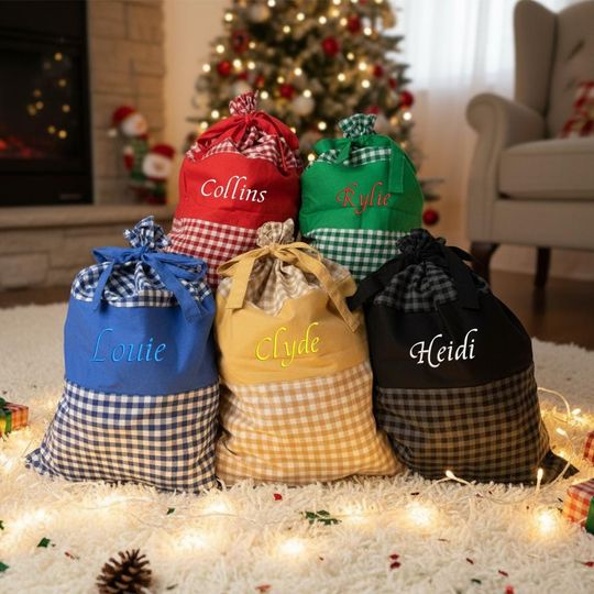 Personalized Plaid Santa Sack | Embroidered Cotton Christmas Gift Bag