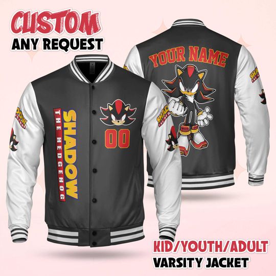 Custom Shadow Varsity Jacket, Personalized Sonic the Hedgehog Baseball Jacket
