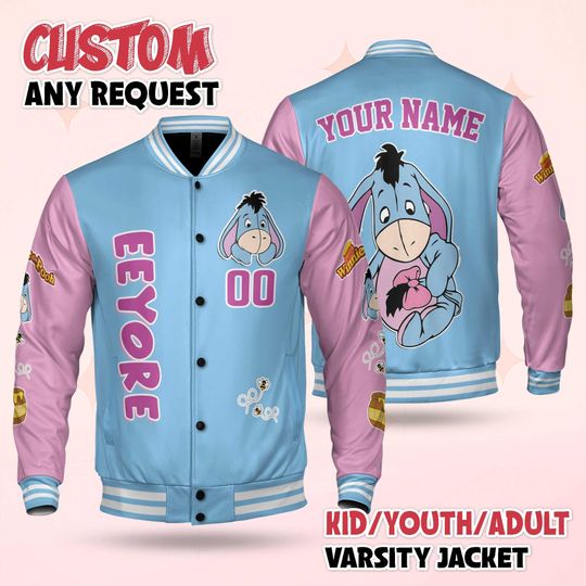 Personalized Eeyore Varsity Jacket, Custom Winnie the Pooh Baseball Jacket