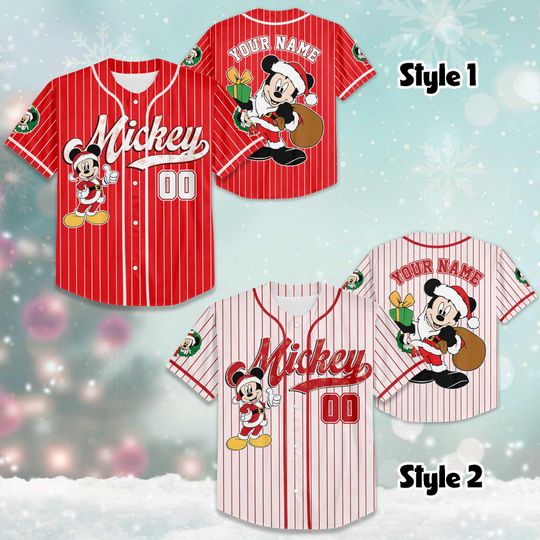 Personalized Mickey Mouse Santa Baseball Jersey, Custom Disney Christmas Shirt, Cute Mickey Xmas Holiday Outfit, Matching Family Disney Tee
