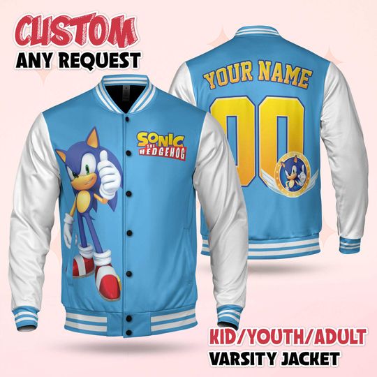 Personalized Sonic Varsity Jacket, Custom Sonic the Hedgehog Baseball Jacket